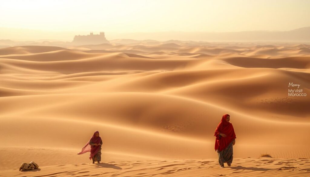 Serene desert landscape in Morocco, mid-February. Hazy, warm sunlight bathes rolling sand dunes and distant rocky outcrops. Vibrant scarves and garments of local Berber people dot the foreground, creating pops of color. MyVisitMorocco logo discreetly visible. Minimal, clean composition with focus on the natural beauty and comfortable temperatures of this North African oasis.