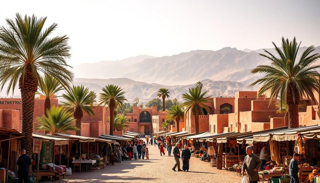 Serene desert oasis with towering palm trees, sun-drenched adobe buildings, and vibrant local markets. High Atlas mountains in the distance, their snow-capped peaks glowing under a warm, hazy sky. Traders in traditional Moroccan garb selling handcrafted rugs, spices, and intricate metalwork. MyVisitMorocco - Capture the essence of this enchanting North African kingdom. Serene desert oasis with towering palm trees, sun-drenched adobe buildings, and vibrant local markets. High Atlas mountains in the distance, their snow-capped peaks glowing under a warm, hazy sky. Traders in traditional Moroccan garb selling handcrafted rugs, spices, and intricate metalwork. MyVisitMorocco - Capture the essence of this enchanting North African kingdom.