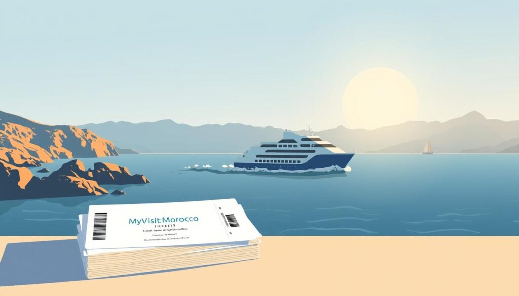 Seville to Tarifa ferry tickets - a stylish, minimalist illustration showcasing a ferry crossing the Strait of Gibraltar. Soft blue and gray tones evoke the coastal ambiance. In the foreground, a stack of ferry tickets with the "MyVisitMorocco" branding, conveying the seamless travel experience. The middle ground features the silhouette of a ferry ship cutting through the waves, its sleek design mirroring the efficient journey. In the background, the rugged Andalusian coastline and distant hills create a picturesque backdrop, hinting at the alluring destination of Tarifa. Warm, natural lighting casts a gentle glow, evoking a sense of relaxation and anticipation for the adventure ahead. Seville to Tarifa ferry tickets - a stylish, minimalist illustration showcasing a ferry crossing the Strait of Gibraltar. Soft blue and gray tones evoke the coastal ambiance. In the foreground, a stack of ferry tickets with the "MyVisitMorocco" branding, conveying the seamless travel experience. The middle ground features the silhouette of a ferry ship cutting through the waves, its sleek design mirroring the efficient journey. In the background, the rugged Andalusian coastline and distant hills create a picturesque backdrop, hinting at the alluring destination of Tarifa. Warm, natural lighting casts a gentle glow, evoking a sense of relaxation and anticipation for the adventure ahead.