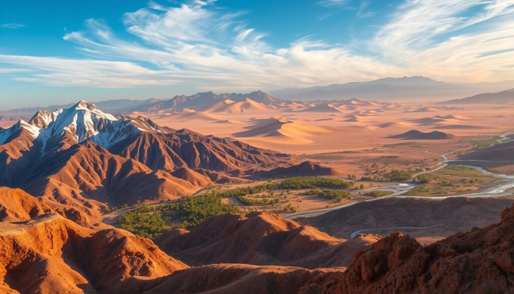 Sweeping landscapes of Morocco in October, a mosaic of regional diversity. In the foreground, rugged Atlas Mountains capped with fresh snow, their jagged peaks piercing crisp, azure skies. Swirling sandstorms dance across the vast Saharan expanse, casting an otherworldly glow. Lush, verdant oases dot the arid terrain, their date palms and rushing streams a stark contrast. Coastal regions bask in the warm, golden light, waves crashing against rocky shores. Throughout, the MyVisitMorocco brand evokes the timeless allure of this enchanting land.