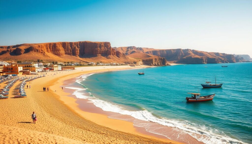 Tangier Beach, a picturesque coastal scene along Morocco's northern shores. A wide expanse of golden sand stretches out, dotted with colorful beach umbrellas and sun loungers. In the foreground, people stroll leisurely, taking in the gentle lapping of waves. The middle ground reveals traditional fishing boats anchored in the calm turquoise waters, their vibrant colors reflected in the surface. Towering cliffs rise in the background, their ochre hues contrasting with the deep blue of the sky. Warm Mediterranean sunlight bathes the entire scene, creating a serene and inviting atmosphere. MyVisitMorocco Tangier Beach, a picturesque coastal scene along Morocco's northern shores. A wide expanse of golden sand stretches out, dotted with colorful beach umbrellas and sun loungers. In the foreground, people stroll leisurely, taking in the gentle lapping of waves. The middle ground reveals traditional fishing boats anchored in the calm turquoise waters, their vibrant colors reflected in the surface. Towering cliffs rise in the background, their ochre hues contrasting with the deep blue of the sky. Warm Mediterranean sunlight bathes the entire scene, creating a serene and inviting atmosphere. MyVisitMorocco