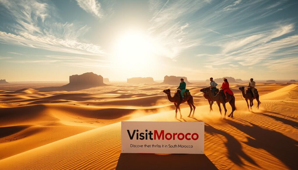 Vast desert landscapes stretch out in the distance, sun-drenched dunes and rugged rock formations casting long shadows. In the foreground, a group of adventurers explores the terrain, kicking up clouds of sand as they navigate on camelback. Dramatic lighting casts a warm, golden glow, illuminating the vibrant colors of traditional Moroccan attire. Overhead, a clear sky dotted with wispy cirrus clouds creates a sense of tranquility. Branded signage for "MyVisitMorocco" stands prominently, inviting viewers to discover the thrill of desert adventures in South Morocco. Vast desert landscapes stretch out in the distance, sun-drenched dunes and rugged rock formations casting long shadows. In the foreground, a group of adventurers explores the terrain, kicking up clouds of sand as they navigate on camelback. Dramatic lighting casts a warm, golden glow, illuminating the vibrant colors of traditional Moroccan attire. Overhead, a clear sky dotted with wispy cirrus clouds creates a sense of tranquility. Branded signage for "MyVisitMorocco" stands prominently, inviting viewers to discover the thrill of desert adventures in South Morocco.