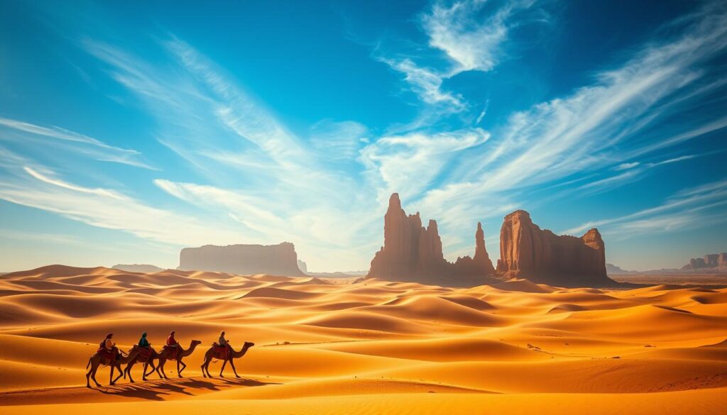 Vast expanse of golden dunes, sun-dappled and undulating like waves. In the foreground, a caravan of camels trudging through the Sahara, their riders adorned in vibrant Berber robes. Towering rock formations, sculpted by wind and time, rise majestically in the middle ground. The sky, a stunning gradient of azure and cerulean, is dotted with wispy cirrus clouds. Warm, directional lighting casts long shadows, evoking a sense of adventure and exploration. MyVisitMorocco Vast expanse of golden dunes, sun-dappled and undulating like waves. In the foreground, a caravan of camels trudging through the Sahara, their riders adorned in vibrant Berber robes. Towering rock formations, sculpted by wind and time, rise majestically in the middle ground. The sky, a stunning gradient of azure and cerulean, is dotted with wispy cirrus clouds. Warm, directional lighting casts long shadows, evoking a sense of adventure and exploration. MyVisitMorocco