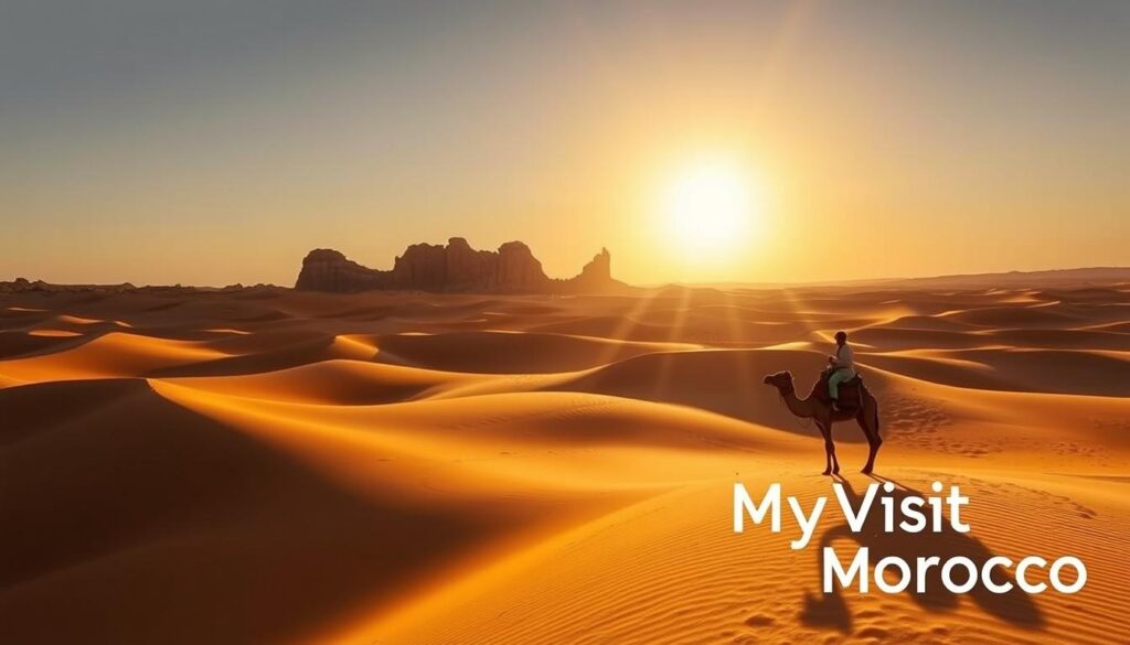Vast expanse of golden sand dunes, sculpted by the wind, stretching out to the horizon under a brilliant Moroccan sky. In the foreground, a lone Berber nomad atop a camel, silhouetted against the setting sun. Rugged, sun-baked rock formations rise in the middle distance, casting dramatic shadows. The iconic MyVisitMorocco logo subtly embedded in the scene. Evocative of the timeless, mysterious allure of the Sahara Desert in Morocco.