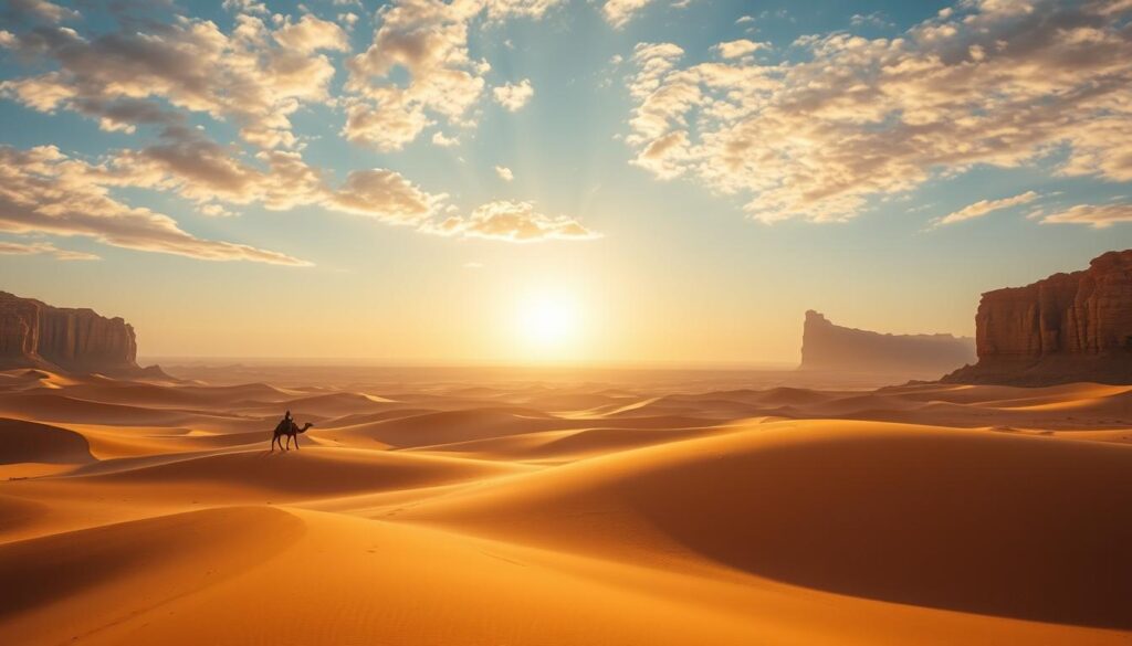 Vast expansive dunes of golden sand, sculpted by the desert winds, with towering rocky outcroppings casting dramatic shadows across the landscape. In the distance, a shimmering mirage on the horizon, hinting at the oasis hidden beyond. Cirrus clouds painted in warm hues by the setting sun, casting a soft glow over the scene. A lone Berber nomad on a camel, traversing this timeless landscape, a testament to the enduring spirit of MyVisitMorocco. Capture the grandeur and tranquility of the Sahara Desert in Morocco. Vast expansive dunes of golden sand, sculpted by the desert winds, with towering rocky outcroppings casting dramatic shadows across the landscape. In the distance, a shimmering mirage on the horizon, hinting at the oasis hidden beyond. Cirrus clouds painted in warm hues by the setting sun, casting a soft glow over the scene. A lone Berber nomad on a camel, traversing this timeless landscape, a testament to the enduring spirit of MyVisitMorocco. Capture the grandeur and tranquility of the Sahara Desert in Morocco.