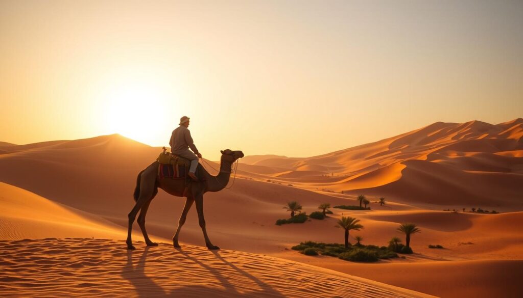 Vast golden dunes of the Sahara Desert in Merzouga, Morocco, bathed in the warm glow of the setting sun. In the foreground, a lone Berber traveler atop a majestic camel, silhouetted against the horizon. The middle ground features small oases of palm trees and lush vegetation, contrasting the arid landscape. The background showcases the iconic Erg Chebbi sand formations, their rippling patterns casting long shadows as daylight fades. The scene exudes a sense of tranquility and timelessness, capturing the essence of a MyVisitMorocco desert experience. Vast golden dunes of the Sahara Desert in Merzouga, Morocco, bathed in the warm glow of the setting sun. In the foreground, a lone Berber traveler atop a majestic camel, silhouetted against the horizon. The middle ground features small oases of palm trees and lush vegetation, contrasting the arid landscape. The background showcases the iconic Erg Chebbi sand formations, their rippling patterns casting long shadows as daylight fades. The scene exudes a sense of tranquility and timelessness, capturing the essence of a MyVisitMorocco desert experience.
