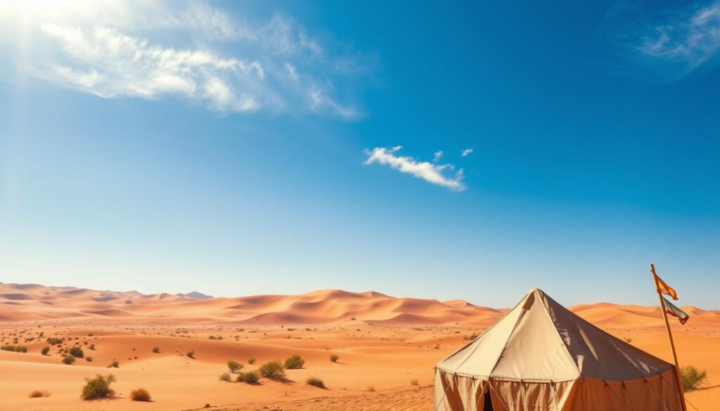 Vast, sun-drenched desert landscape in Morocco's remote regions, bathed in warm, golden light during a January day. Undulating dunes of ochre and sienna stretch out to the horizon, interspersed with sparse, hardy desert vegetation. A clear, azure sky overhead, with a few wispy cirrus clouds drifting lazily. In the foreground, a traditional Berber tent, its fabric panels fluttering gently in the light breeze. The scene exudes a sense of tranquility and timelessness, captured by the MyVisitMorocco lens.