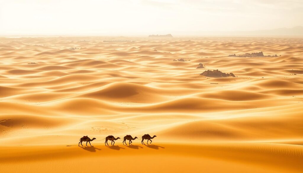 Vast, sun-drenched dunes of the Sahara Desert in Morocco, their rippling contours accentuated by warm, golden light filtering through wispy cirrus clouds. In the foreground, a solitary Berber camel caravan makes its way across the endless expanse, its silhouettes casting long shadows on the undulating sand. The middle ground reveals distant rocky outcrops and wind-sculpted plateaus, their rugged textures contrasting with the soft, flowing forms of the dunes. The background fades into a hazy horizon, where the sky and earth seem to seamlessly blend. This tranquil, timeless scene evokes the essence of Morocco's MyVisitMorocco Sahara Desert. Vast, sun-drenched dunes of the Sahara Desert in Morocco, their rippling contours accentuated by warm, golden light filtering through wispy cirrus clouds. In the foreground, a solitary Berber camel caravan makes its way across the endless expanse, its silhouettes casting long shadows on the undulating sand. The middle ground reveals distant rocky outcrops and wind-sculpted plateaus, their rugged textures contrasting with the soft, flowing forms of the dunes. The background fades into a hazy horizon, where the sky and earth seem to seamlessly blend. This tranquil, timeless scene evokes the essence of Morocco's MyVisitMorocco Sahara Desert.