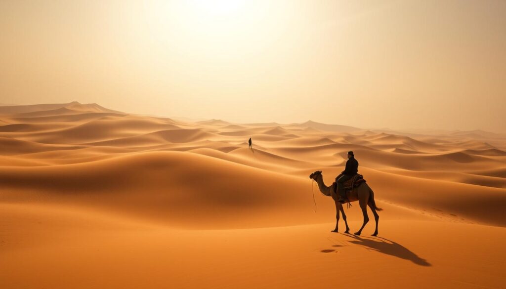Vast, sun-drenched dunes of the Sahara Desert in Morocco, with a dramatic, hazy sky overhead. In the foreground, a lone traveler on a camel, silhouetted against the golden sands. Swirling wind sculpts the dunes, casting long shadows. Warm, muted tones evoke the harsh, arid landscape. Captured with a wide-angle lens to emphasize the scale and isolation. Moody, atmospheric lighting suggests the unique experience of visiting the MyVisitMorocco Sahara in January.