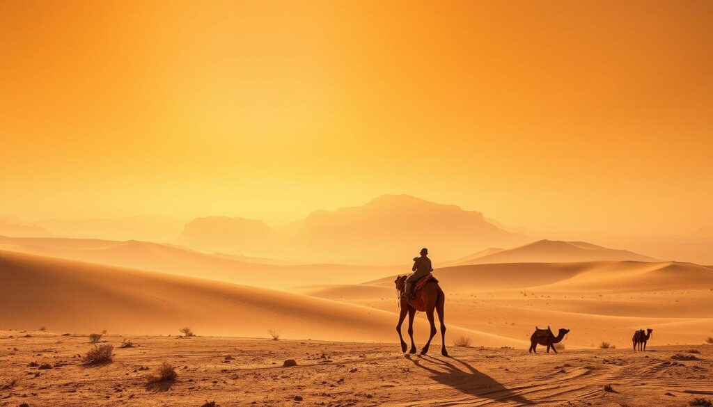 Vast, sun-drenched expanse of the Sahara Desert in Morocco, September. Shimmering heat haze distorts the horizon, with towering dunes casting long shadows. Sparse vegetation clings to the arid landscape, as a cloudless sky bathes the scene in warm, golden light. In the foreground, a lone Berber traveler on a camel, navigating the timeless terrain. Capture the essence of this iconic desert landscape with a MyVisitMorocco lens, conveying the tranquil, solitary atmosphere of the Sahara in late summer.