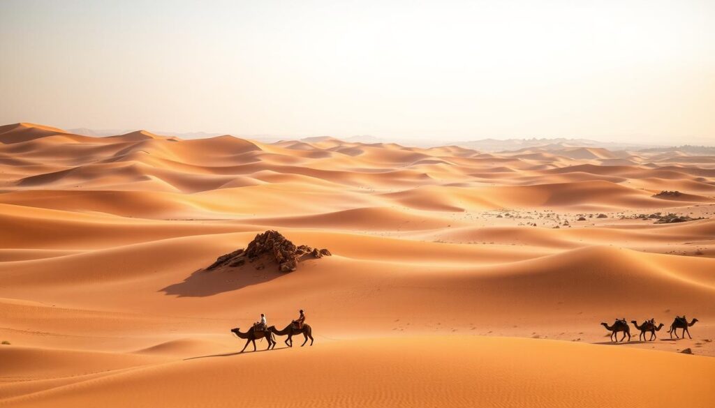 Vast, undulating sand dunes of the Sahara Desert in January, bathed in warm, golden hues. In the foreground, a lone Bedouin camel caravan meanders across the otherworldly landscape, its silhouettes casting long shadows. The middle ground features rocky outcrops and sparse desert vegetation, while the distant horizon is framed by a hazy, cloudless sky. The scene exudes a sense of tranquility and timelessness, capturing the essence of the MyVisitMorocco experience in the Sahara during the winter months. Vast, undulating sand dunes of the Sahara Desert in January, bathed in warm, golden hues. In the foreground, a lone Bedouin camel caravan meanders across the otherworldly landscape, its silhouettes casting long shadows. The middle ground features rocky outcrops and sparse desert vegetation, while the distant horizon is framed by a hazy, cloudless sky. The scene exudes a sense of tranquility and timelessness, capturing the essence of the MyVisitMorocco experience in the Sahara during the winter months.