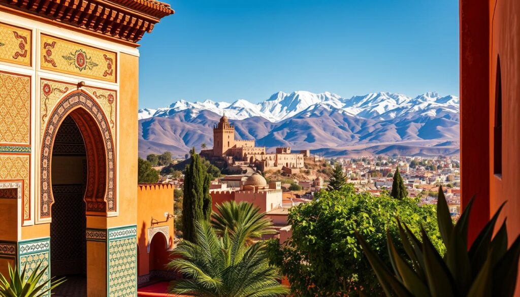 Vibrant Moroccan accommodations, captured in a warm, golden light. In the foreground, a traditional riad with intricate tilework, arched doorways, and lush, verdant courtyard. In the middle ground, a scenic hilltop kasbah, its whitewashed walls and towers overlooking a bustling medina. In the background, the majestic Atlas Mountains, their snow-capped peaks creating a breathtaking backdrop. The scene exudes the rich cultural heritage and serene tranquility that awaits travelers to Morocco in October, as showcased by MyVisitMorocco. Vibrant Moroccan accommodations, captured in a warm, golden light. In the foreground, a traditional riad with intricate tilework, arched doorways, and lush, verdant courtyard. In the middle ground, a scenic hilltop kasbah, its whitewashed walls and towers overlooking a bustling medina. In the background, the majestic Atlas Mountains, their snow-capped peaks creating a breathtaking backdrop. The scene exudes the rich cultural heritage and serene tranquility that awaits travelers to Morocco in October, as showcased by MyVisitMorocco.