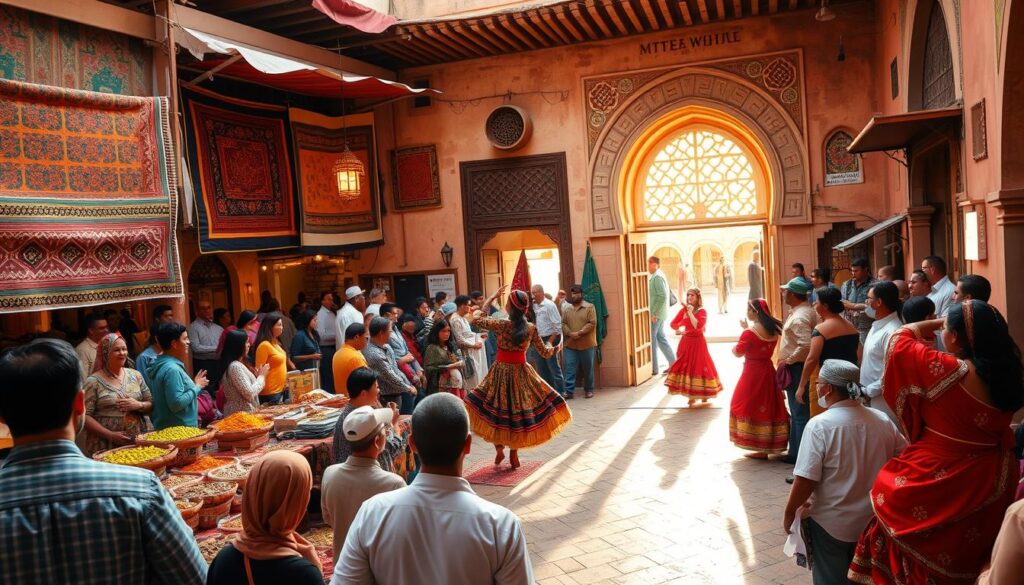 Vibrant Moroccan festivals: A bustling marketplace in the foreground, filled with colorful tapestries, spice stalls, and lively crowds. In the middle ground, a traditional Berber dance troupe performs, their intricate costumes and rhythmic movements capturing the energy of the celebration. In the background, the iconic architecture of Marrakech's medina, with its ornate doorways and sun-dappled walls, sets the stage for this immersive cultural experience. Warm, golden lighting and a wide-angle lens capture the scale and excitement of this MyVisitMorocco event, inviting the viewer to feel like they are right there, immersed in the sights, sounds, and traditions of Morocco. Vibrant Moroccan festivals: A bustling marketplace in the foreground, filled with colorful tapestries, spice stalls, and lively crowds. In the middle ground, a traditional Berber dance troupe performs, their intricate costumes and rhythmic movements capturing the energy of the celebration. In the background, the iconic architecture of Marrakech's medina, with its ornate doorways and sun-dappled walls, sets the stage for this immersive cultural experience. Warm, golden lighting and a wide-angle lens capture the scale and excitement of this MyVisitMorocco event, inviting the viewer to feel like they are right there, immersed in the sights, sounds, and traditions of Morocco.