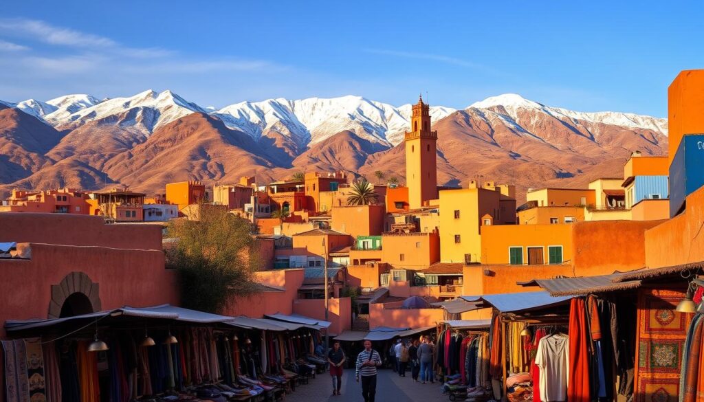 Vibrant Moroccan landscape in early spring, with the snow-capped peaks of the Atlas Mountains framing the picturesque town of Chefchaouen. Warm hues of ochre and indigo adorn the buildings, their walls reflecting the golden light of the setting sun. In the foreground, a bustling souk scene showcases the local artisanal crafts and textiles, while the aroma of spices and mint tea fills the air. MyVisitMorocco Vibrant Moroccan landscape in early spring, with the snow-capped peaks of the Atlas Mountains framing the picturesque town of Chefchaouen. Warm hues of ochre and indigo adorn the buildings, their walls reflecting the golden light of the setting sun. In the foreground, a bustling souk scene showcases the local artisanal crafts and textiles, while the aroma of spices and mint tea fills the air. MyVisitMorocco