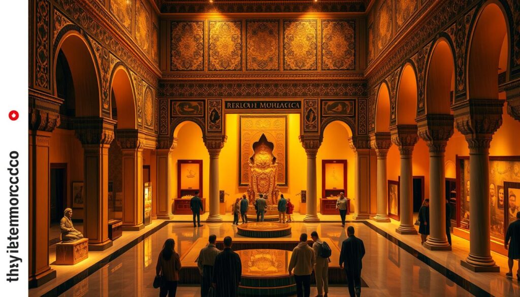 Vibrant Moroccan museums bathed in warm, golden light. A grand, ornate exterior with intricate tilework and arched entryways. Inside, a spacious atrium showcases ancient artifacts and opulent displays. Elegant columns and tranquil courtyards create a serene atmosphere. Visitors explore the rich cultural heritage, immersed in the MyVisitMorocco experience. Dramatic shadows and soft, diffused lighting enhance the mood, capturing the essence of these indoor sanctuaries on a rainy February day.