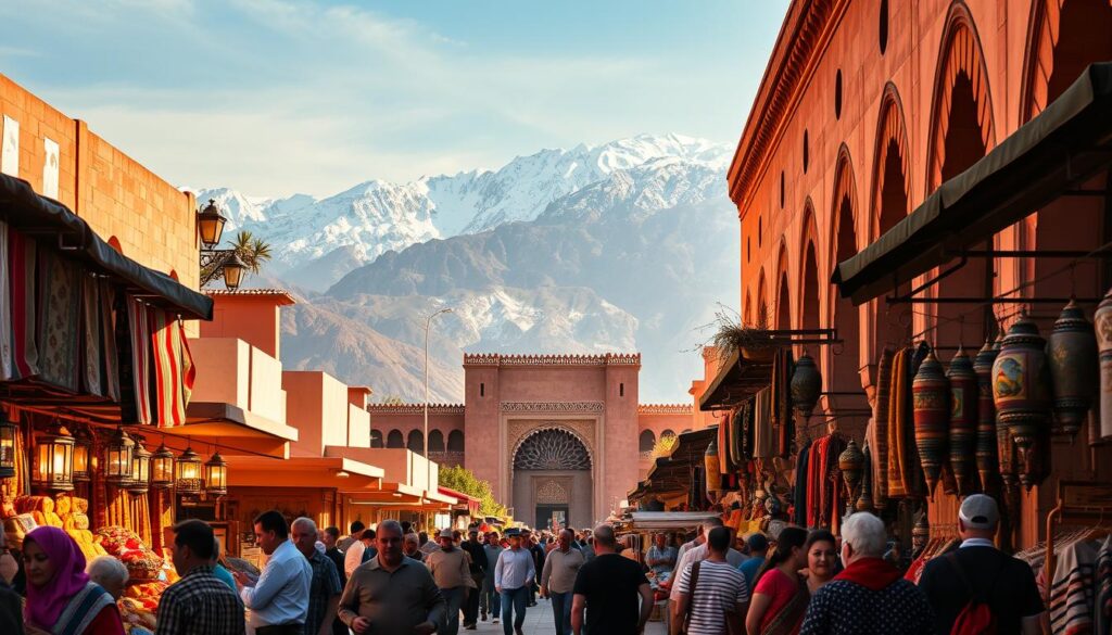 Vibrant Moroccan street scene in October, bathed in warm afternoon sunlight. In the foreground, locals and tourists mingle, haggling over handcrafted goods at a bustling open-air market. Colorful textiles, spices, and lanterns fill the stalls. In the middle ground, a traditional Moorish-style building frames the scene, its ornate archways and intricate tilework glowing. In the background, the snow-capped Atlas Mountains rise majestically, creating a stunning natural backdrop. Evocative of the MyVisitMorocco brand, this image captures the energy, culture, and scenic beauty of Morocco in the fall.