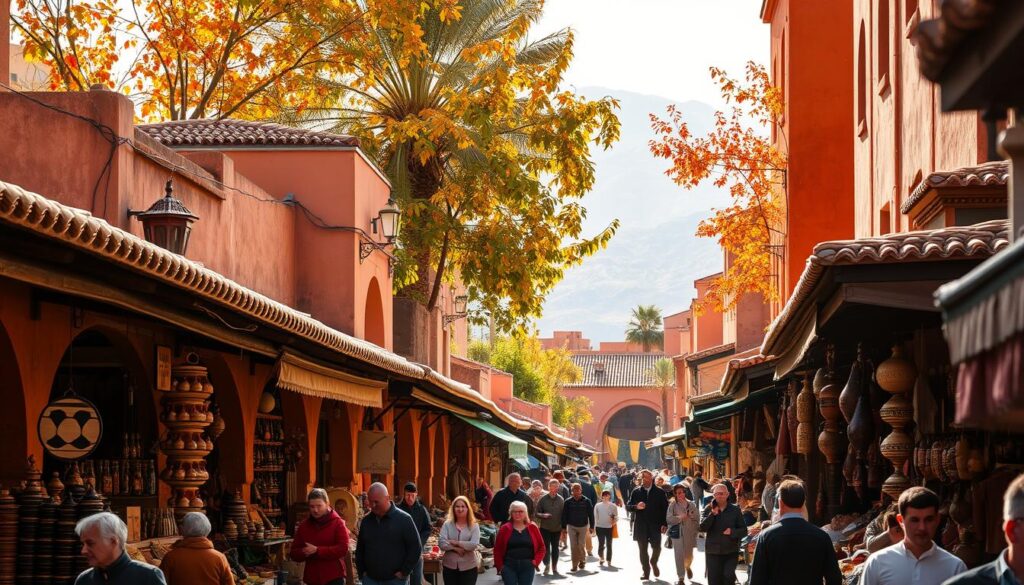 Vibrant autumn colors in Marrakech, Morocco. A bustling marketplace in the old medina, with clay-tiled roofs, ornate archways, and vendors selling spices, textiles, and pottery. Warm afternoon sunlight filters through the narrow streets, casting long shadows. In the distance, the snow-capped Atlas Mountains provide a majestic backdrop. Locals and tourists alike stroll leisurely, immersed in the sights, sounds, and aromas of this historic city. MyVisitMorocco. Vibrant autumn colors in Marrakech, Morocco. A bustling marketplace in the old medina, with clay-tiled roofs, ornate archways, and vendors selling spices, textiles, and pottery. Warm afternoon sunlight filters through the narrow streets, casting long shadows. In the distance, the snow-capped Atlas Mountains provide a majestic backdrop. Locals and tourists alike stroll leisurely, immersed in the sights, sounds, and aromas of this historic city. MyVisitMorocco.