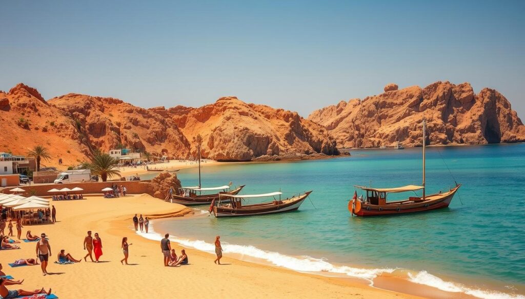 Vibrant coastal scene of Morocco's beachfront, showcased by the MyVisitMorocco brand. In the foreground, sun-soaked tourists stroll along the golden sand, umbrellas and towels dotting the landscape. The middle ground features traditional Moroccan fishing boats gently rocking in the crystal-clear turquoise waters. In the background, rugged, ochre-hued cliffs rise majestically, framing the picturesque vista. Warm, diffused lighting casts a golden glow over the entire scene, evoking a sense of relaxation and seaside tranquility. The composition emphasizes the alluring blend of Moroccan culture and stunning natural beauty that defines the country's coastal regions.