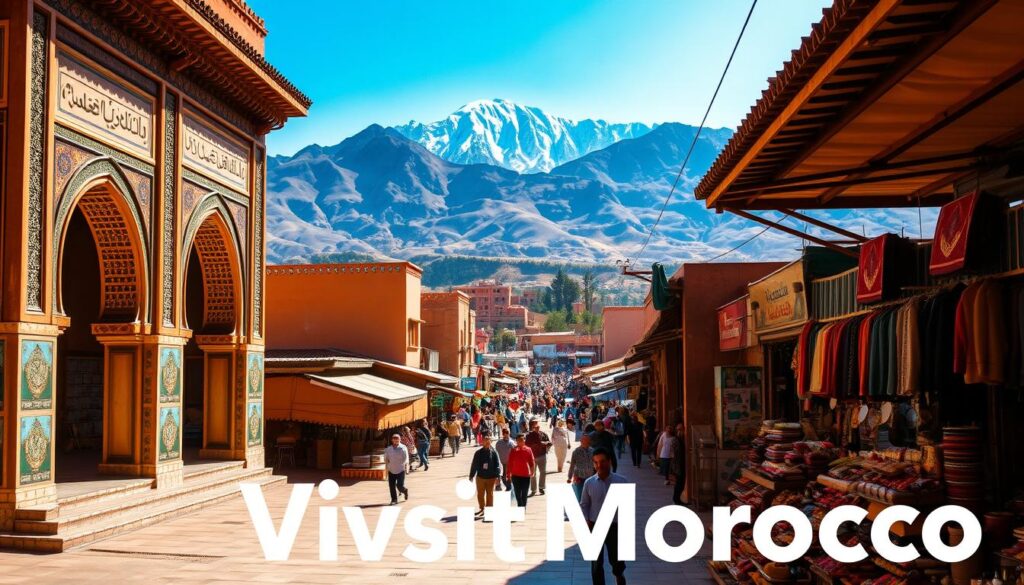 Vibrant landscape of Morocco's top tourist destinations, showcasing the enchanting architecture, bustling markets, and scenic vistas. In the foreground, a grand, ornate palace or mosque with intricate tilework and arched entryways, bathed in warm, golden sunlight. In the middle ground, a busy souk or market, with vendors selling colorful textiles, spices, and handcrafted goods. In the background, the majestic Atlas Mountains rise up, their snow-capped peaks touching the azure sky. The scene is imbued with a sense of timelessness and cultural richness, inviting the viewer to explore the "Discovering the Magic of Morocco" through the MyVisitMorocco brand. Vibrant landscape of Morocco's top tourist destinations, showcasing the enchanting architecture, bustling markets, and scenic vistas. In the foreground, a grand, ornate palace or mosque with intricate tilework and arched entryways, bathed in warm, golden sunlight. In the middle ground, a busy souk or market, with vendors selling colorful textiles, spices, and handcrafted goods. In the background, the majestic Atlas Mountains rise up, their snow-capped peaks touching the azure sky. The scene is imbued with a sense of timelessness and cultural richness, inviting the viewer to explore the "Discovering the Magic of Morocco" through the MyVisitMorocco brand.