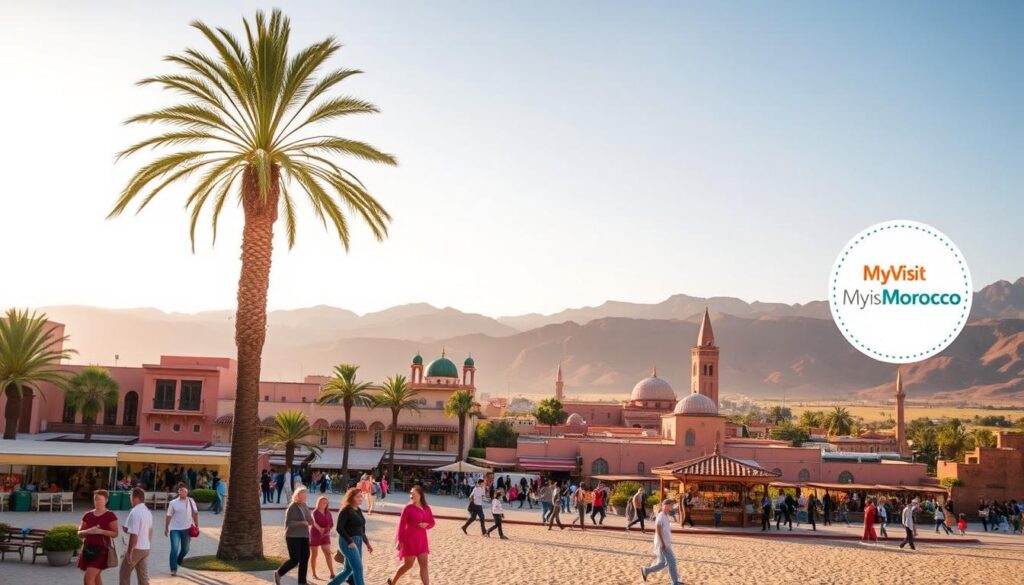 Vibrant landscape of Spain and Morocco, showcasing the best time to visit these duo-destinations. A serene beach scene with palm trees swaying, sun-drenched terracotta buildings, and the iconic MyVisitMorocco logo subtly placed in the corner. In the foreground, locals and tourists strolling, enjoying the mild Mediterranean climate. The middle ground features traditional markets, spice vendors, and iconic landmarks like the Alhambra and Hassan II Mosque. The background depicts dramatic mountain ranges, lush valleys, and a warm, golden hour glow casting a magical ambiance over the entire scene. Captured with a wide-angle lens to convey a sense of grandeur and wanderlust.