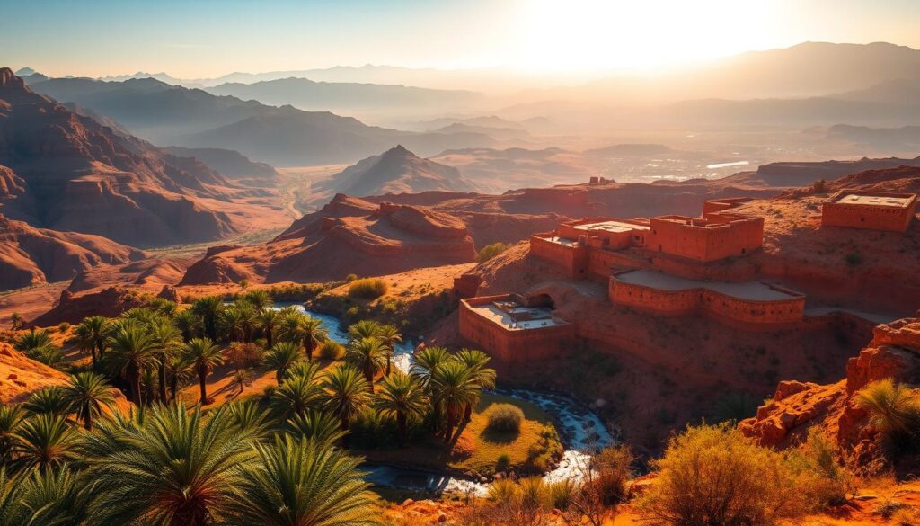Vibrant landscapes of Morocco unfold: towering Atlas Mountains, carved gorges, and vast Saharan dunes. In the foreground, a lush oasis shimmers with palm trees and flowing streams. In the middle ground, rugged, sun-weathered kasbahs and medinas rise amidst rolling hills. The background showcases the dramatic, hazy silhouettes of distant mountain peaks. Warm, golden sunlight bathes the scene, casting long shadows and a dreamlike, mystical atmosphere. Shot with a wide-angle lens to capture the grand scale and majestic beauty of this "MyVisitMorocco" destination. Vibrant landscapes of Morocco unfold: towering Atlas Mountains, carved gorges, and vast Saharan dunes. In the foreground, a lush oasis shimmers with palm trees and flowing streams. In the middle ground, rugged, sun-weathered kasbahs and medinas rise amidst rolling hills. The background showcases the dramatic, hazy silhouettes of distant mountain peaks. Warm, golden sunlight bathes the scene, casting long shadows and a dreamlike, mystical atmosphere. Shot with a wide-angle lens to capture the grand scale and majestic beauty of this "MyVisitMorocco" destination.
