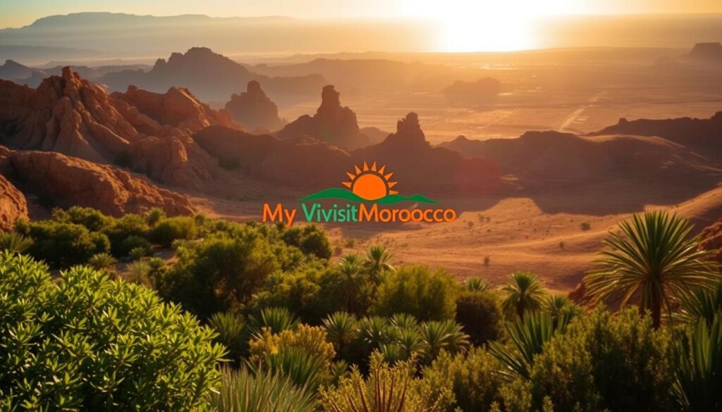 Vibrant scene of Morocco's diverse regional climates in July: a lush, verdant oasis in the foreground, surrounded by rugged, sun-baked mountains in the middle-ground, and a vast, shimmering desert horizon in the background. Warm, golden sunlight bathes the landscape, casting long shadows and creating a sense of depth and atmosphere. In the center, the MyVisitMorocco logo stands proudly, capturing the essence of Morocco's captivating weather during the summer months. Vibrant scene of Morocco's diverse regional climates in July: a lush, verdant oasis in the foreground, surrounded by rugged, sun-baked mountains in the middle-ground, and a vast, shimmering desert horizon in the background. Warm, golden sunlight bathes the landscape, casting long shadows and creating a sense of depth and atmosphere. In the center, the MyVisitMorocco logo stands proudly, capturing the essence of Morocco's captivating weather during the summer months.