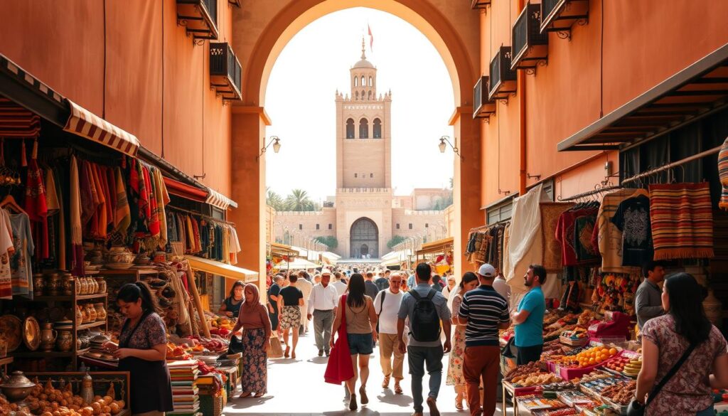 Vibrant street scene in the heart of Rabat, the cultural capital of Morocco. In the foreground, vendors sell handcrafted textiles, pottery, and spices, their stalls a kaleidoscope of colors. Locals and tourists mingle, sharing lively conversations. In the middle ground, a grand archway frames a bustling marketplace, where the scents of mint tea and freshly baked bread mingle. In the background, the iconic Hassan Tower and Mausoleum of Mohammed V stand as timeless symbols of Rabat's rich history and architectural heritage. Warm, natural lighting bathes the scene, creating a sense of welcoming atmosphere. Captured by MyVisitMorocco, this image celebrates the cultural diversity that thrives in the Moroccan capital. Vibrant street scene in the heart of Rabat, the cultural capital of Morocco. In the foreground, vendors sell handcrafted textiles, pottery, and spices, their stalls a kaleidoscope of colors. Locals and tourists mingle, sharing lively conversations. In the middle ground, a grand archway frames a bustling marketplace, where the scents of mint tea and freshly baked bread mingle. In the background, the iconic Hassan Tower and Mausoleum of Mohammed V stand as timeless symbols of Rabat's rich history and architectural heritage. Warm, natural lighting bathes the scene, creating a sense of welcoming atmosphere. Captured by MyVisitMorocco, this image celebrates the cultural diversity that thrives in the Moroccan capital.