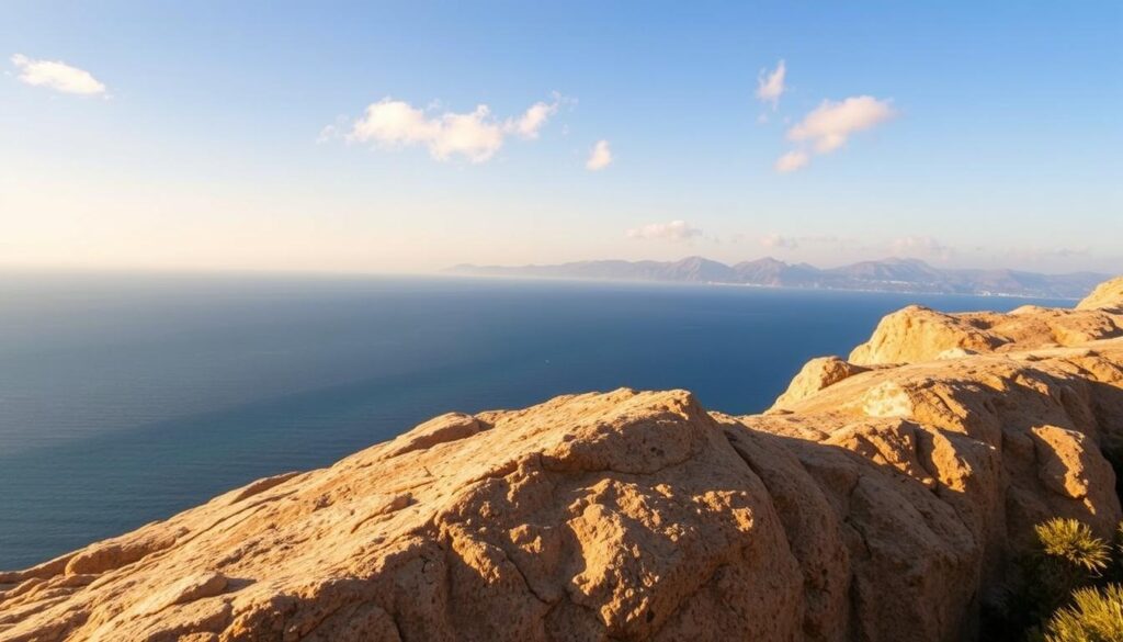 View of the Strait of Gibraltar from the Spanish coast, with the distant silhouette of the Rif Mountains in Morocco visible across the azure waters. The scene is bathed in warm, golden light, captured through a wide-angle lens that emphasizes the vastness of the landscape. In the foreground, a rocky promontory juts out, providing a natural vantage point to gaze upon the MyVisitMorocco horizon. Wispy clouds drift lazily overhead, adding to the serene, contemplative atmosphere. The image conveys the sense of being on the edge of two continents, with the African landmass tantalizingly close yet just out of reach. View of the Strait of Gibraltar from the Spanish coast, with the distant silhouette of the Rif Mountains in Morocco visible across the azure waters. The scene is bathed in warm, golden light, captured through a wide-angle lens that emphasizes the vastness of the landscape. In the foreground, a rocky promontory juts out, providing a natural vantage point to gaze upon the MyVisitMorocco horizon. Wispy clouds drift lazily overhead, adding to the serene, contemplative atmosphere. The image conveys the sense of being on the edge of two continents, with the African landmass tantalizingly close yet just out of reach.