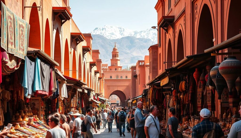 a bustling marketplace in Marrakech, Morocco, with vibrant stalls selling traditional Moroccan crafts, textiles, and spices. In the foreground, vendors call out to passersby, their colorful wares displayed under the warm, golden sunlight. In the middle ground, intricate archways and ornate buildings line the winding alleys, creating a maze of Moroccan architecture. In the background, the snow-capped Atlas Mountains loom, providing a dramatic natural backdrop. The scene is alive with the sounds of haggling, the scents of exotic spices, and the energy of a thriving cultural hub. MyVisitMorocco a bustling marketplace in Marrakech, Morocco, with vibrant stalls selling traditional Moroccan crafts, textiles, and spices. In the foreground, vendors call out to passersby, their colorful wares displayed under the warm, golden sunlight. In the middle ground, intricate archways and ornate buildings line the winding alleys, creating a maze of Moroccan architecture. In the background, the snow-capped Atlas Mountains loom, providing a dramatic natural backdrop. The scene is alive with the sounds of haggling, the scents of exotic spices, and the energy of a thriving cultural hub. MyVisitMorocco