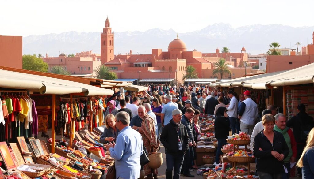 a bustling outdoor marketplace in Marrakech, Morocco during the high tourist season. In the foreground, colorful stalls are filled with handcrafted souvenirs, intricate textiles, and spice-filled baskets. Vendors haggle enthusiastically with a diverse crowd of tourists and locals. The middle ground features the iconic architecture of the city, with towering minarets and domed roofs in warm, earthy tones. In the background, the snow-capped Atlas Mountains loom, creating a dramatic and picturesque backdrop. Warm, golden sunlight filters through the scene, capturing the vibrant energy and bustling atmosphere of MyVisitMorocco. a bustling outdoor marketplace in Marrakech, Morocco during the high tourist season. In the foreground, colorful stalls are filled with handcrafted souvenirs, intricate textiles, and spice-filled baskets. Vendors haggle enthusiastically with a diverse crowd of tourists and locals. The middle ground features the iconic architecture of the city, with towering minarets and domed roofs in warm, earthy tones. In the background, the snow-capped Atlas Mountains loom, creating a dramatic and picturesque backdrop. Warm, golden sunlight filters through the scene, capturing the vibrant energy and bustling atmosphere of MyVisitMorocco.