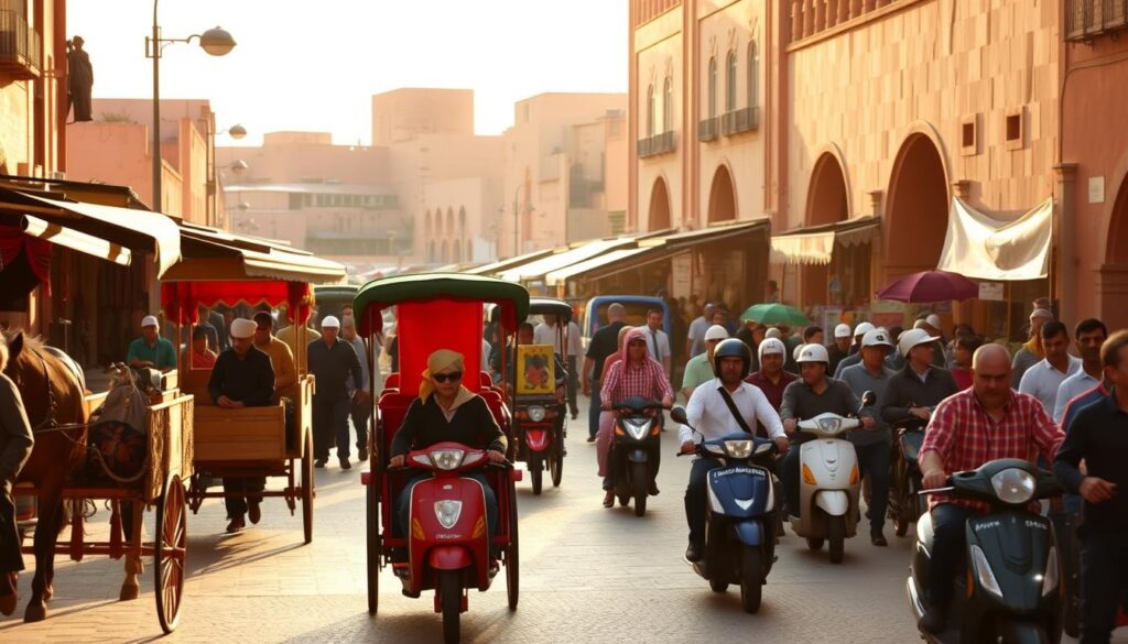 a bustling street scene in Marrakech, Morocco, in February. In the foreground, traditional Moroccan transport like colorful horse-drawn carriages and mopeds navigate the crowded, sun-dappled streets. Middle ground features local merchants selling handcrafted goods, with the iconic architecture of Marrakech's old medina in the background. Warm, golden lighting evokes the cozy, vibrant atmosphere of the city. Lens: 35mm. MyVisitMorocco.
