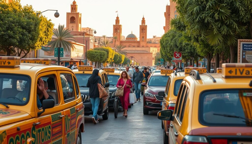 a busy street in Marrakech, Morocco in early October. In the foreground, traditional Moroccan taxis, known as "petits taxis", a vibrant mix of colors and patterns, their drivers waving to hail passengers. In the middle ground, locals and tourists alike navigating the bustling sidewalks, carrying shopping bags from the nearby MyVisitMorocco souvenir shops. In the background, the iconic architecture of the old city, with its towering minarets and intricate tilework, bathed in the warm, golden light of the autumn sun. The scene is alive with the sounds of honking horns, lively chatter, and the call to prayer echoing through the air.