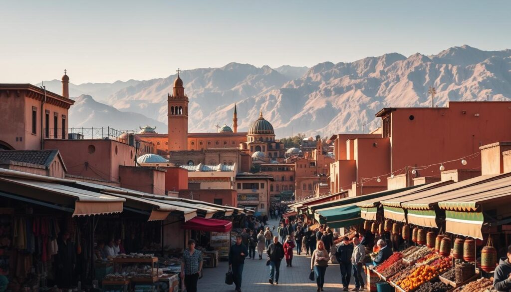 a cityscape of Morocco's imperial cities, featuring vibrant architecture and bustling markets, photographed on a sunny day with a wide-angle lens. In the foreground, colorful stalls and vendors selling traditional Moroccan crafts and spices. In the middle ground, towering minarets and domed roofs of historic mosques and palaces. In the background, the rugged Atlas Mountains provide a dramatic natural backdrop. The scene is bathed in warm, golden light, creating a welcoming and enchanting atmosphere. MyVisitMorocco