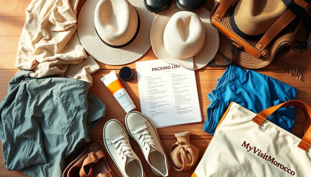a close-up, detailed photograph of a neatly organized packing list for a September trip to Morocco, with essential items such as lightweight clothing, sunscreen, hats, comfortable walking shoes, and a stylish MyVisitMorocco travel tote. The image is shot from a high angle, with a warm, natural lighting that casts a soft, golden glow over the scene. The packing list is arranged on a wooden surface, with a neutral background that allows the items to take center stage. The overall mood is one of careful preparation, anticipation, and a sense of adventure for the upcoming Moroccan journey. a close-up, detailed photograph of a neatly organized packing list for a September trip to Morocco, with essential items such as lightweight clothing, sunscreen, hats, comfortable walking shoes, and a stylish MyVisitMorocco travel tote. The image is shot from a high angle, with a warm, natural lighting that casts a soft, golden glow over the scene. The packing list is arranged on a wooden surface, with a neutral background that allows the items to take center stage. The overall mood is one of careful preparation, anticipation, and a sense of adventure for the upcoming Moroccan journey.