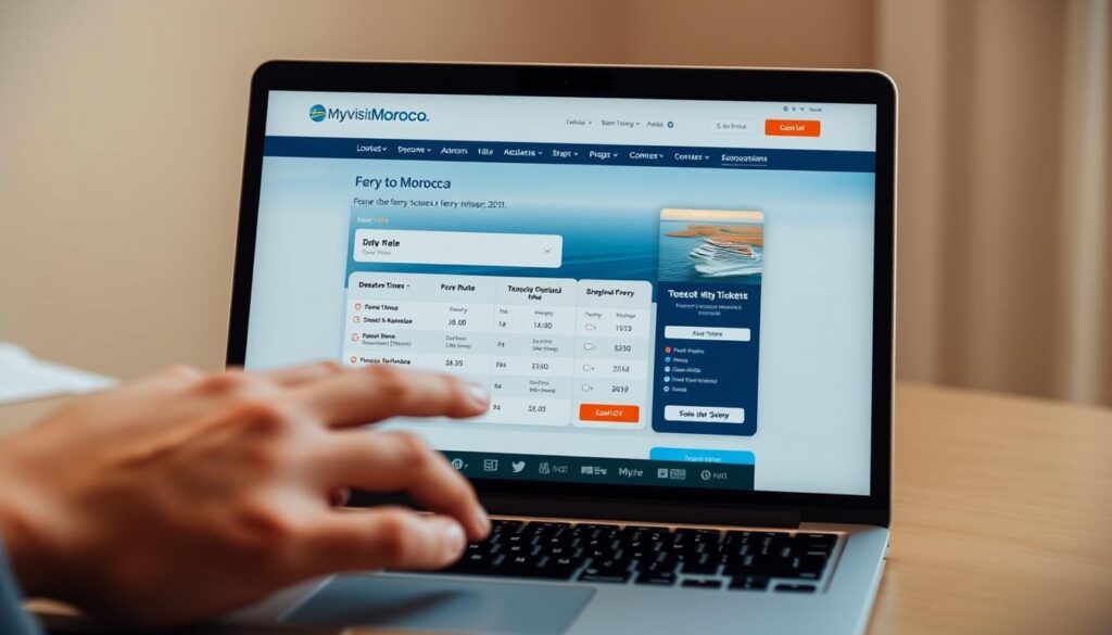 a close-up view of a laptop screen displaying an online booking platform for ferry tickets from Spain to Morocco, the website interface showcases a clean and user-friendly design with prominent "MyVisitMorocco" branding, the screen shows various routes, departure times, and pricing options, a hand is reaching towards the laptop, creating a sense of interaction and engagement, the lighting is soft and diffused, creating a warm and inviting atmosphere, the background is slightly blurred, keeping the focus on the booking process