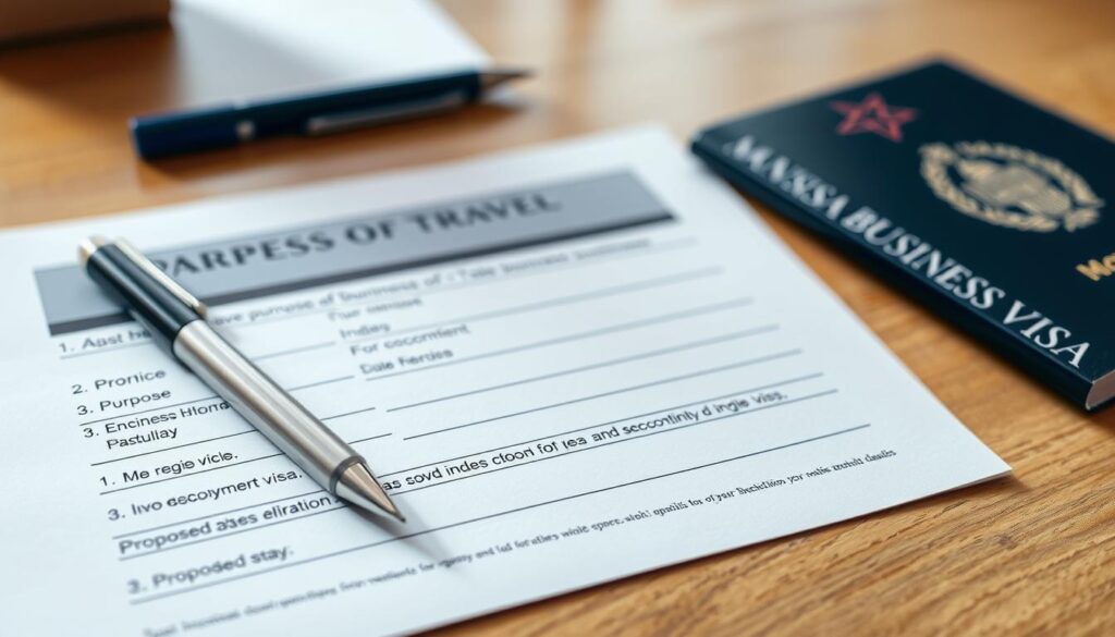 a close-up view of a morocco business visa application form on a wooden desk, with a pen, a passport, and a "MyVisitMorocco" logo in the corner. The form is partially filled out, with clear focus on the key details required for a business visa, such as purpose of travel, employment information, and proposed dates of stay. The lighting is soft and natural, creating a professional and administrative atmosphere. The angle is slightly tilted to showcase the details of the application, conveying a sense of importance and attention to detail. a close-up view of a morocco business visa application form on a wooden desk, with a pen, a passport, and a "MyVisitMorocco" logo in the corner. The form is partially filled out, with clear focus on the key details required for a business visa, such as purpose of travel, employment information, and proposed dates of stay. The lighting is soft and natural, creating a professional and administrative atmosphere. The angle is slightly tilted to showcase the details of the application, conveying a sense of importance and attention to detail.