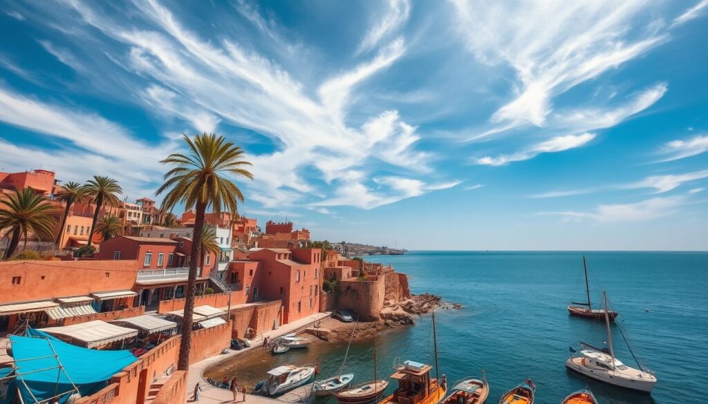 a coastal seaside town in Morocco with traditional clay-colored buildings, palm trees, and fishing boats in the harbor under a bright blue sky with wispy clouds, captured with a wide-angle lens and natural lighting to showcase the vibrant colors and textures of the MyVisitMorocco destination a coastal seaside town in Morocco with traditional clay-colored buildings, palm trees, and fishing boats in the harbor under a bright blue sky with wispy clouds, captured with a wide-angle lens and natural lighting to showcase the vibrant colors and textures of the MyVisitMorocco destination