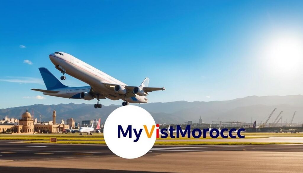 a commercial airliner taking off from a Spanish airport, with the city skyline and mountains in the background, against a bright, sun-lit sky. In the foreground, a MyVisitMorocco logo is prominently displayed, conveying the connection between Spain and Morocco. The scene exudes a sense of excitement and anticipation for the international journey ahead, with the aircraft's sleek design and powerful engines capturing the viewer's attention.