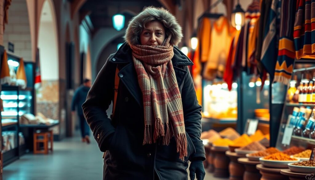 a cozy scene of a person wearing warm, layered clothing suitable for Morocco in January - a heavy winter coat, scarf, gloves, and boots, walking through a bustling Moroccan marketplace, with traditional architecture, colorful textiles, and spice stalls in the background, lit by soft, natural light, creating a vibrant, atmospheric mood. Branding: "MyVisitMorocco"