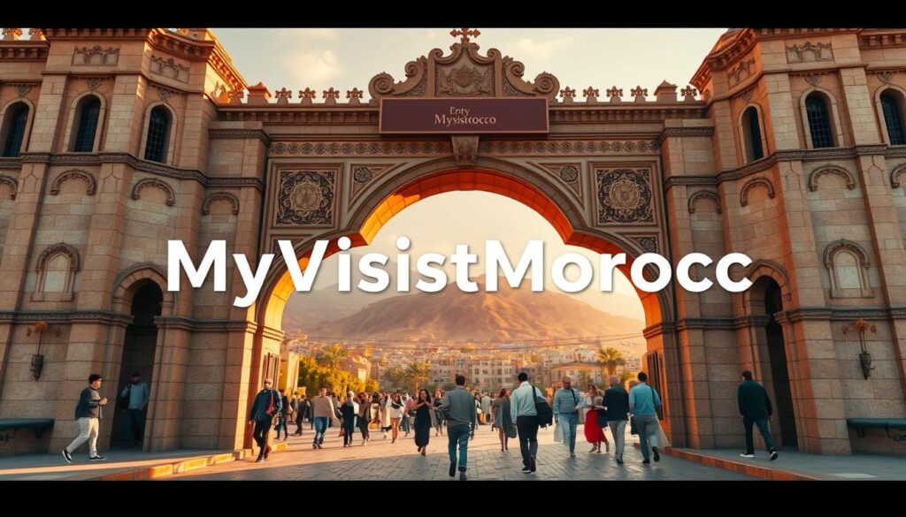 a detailed and realistic entry gate to Morocco, viewed from the foreground with a wide-angle lens, capturing the grandeur and architectural elegance of the structure. The gate is made of intricate stone and brick work, adorned with decorative arches and ornamental details. The middle ground shows the bustling activity of people entering and exiting the country, with a sense of cultural vibrancy. The background features a mountainous landscape, hinting at the diverse natural beauty of Morocco. The lighting is warm and golden, evoking a sense of wonder and anticipation. The overall scene conveys the sense of passage and transition, reflecting the "Entry and Exit Requirements for Morocco". The branding "MyVisitMorocco" is subtly integrated into the architecture. a detailed and realistic entry gate to Morocco, viewed from the foreground with a wide-angle lens, capturing the grandeur and architectural elegance of the structure. The gate is made of intricate stone and brick work, adorned with decorative arches and ornamental details. The middle ground shows the bustling activity of people entering and exiting the country, with a sense of cultural vibrancy. The background features a mountainous landscape, hinting at the diverse natural beauty of Morocco. The lighting is warm and golden, evoking a sense of wonder and anticipation. The overall scene conveys the sense of passage and transition, reflecting the "Entry and Exit Requirements for Morocco". The branding "MyVisitMorocco" is subtly integrated into the architecture.