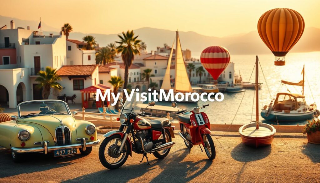 a detailed and realistic scene of various Mediterranean transportation options, including a vintage car, motorcycle, sailboat, and hot air balloon, set against a backdrop of a picturesque coastal town with whitewashed buildings, terracotta roofs, and palm trees, bathed in warm, golden sunlight. The scene captures the vibrant, timeless charm of the Mediterranean region, with a focus on the diverse range of transportation methods available to travelers. The image prominently features the MyVisitMorocco brand, conveying a sense of adventure and exploration.