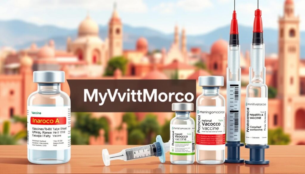 a detailed digital illustration of recommended vaccines for travel to Morocco, featuring a foreground display of common vaccine vials and syringes including influenza, hepatitis A, hepatitis B, typhoid, and meningococcal vaccines, with a middle ground showing the MyVisitMorocco logo and stylized Moroccan architectural elements, and a blurred background of Moroccan landscapes and landmarks, all in a warm, earthy color palette with soft, natural lighting to convey a sense of trust and authority a detailed digital illustration of recommended vaccines for travel to Morocco, featuring a foreground display of common vaccine vials and syringes including influenza, hepatitis A, hepatitis B, typhoid, and meningococcal vaccines, with a middle ground showing the MyVisitMorocco logo and stylized Moroccan architectural elements, and a blurred background of Moroccan landscapes and landmarks, all in a warm, earthy color palette with soft, natural lighting to convey a sense of trust and authority