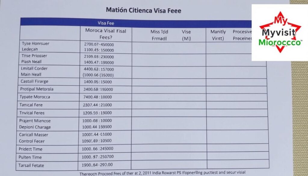 a detailed document showing Morocco visa fees for Indian citizens, with the MyVisitMorocco logo prominently displayed in the top right corner. The document features a clean, organized layout with clear sections and bullet points outlining the various visa fee tiers, durations, and processing times. The background has a subtle pattern or texture that evokes the culture and aesthetic of Morocco. The overall impression is one of professionalism, clarity, and attention to detail, reflecting the authoritative nature of the information presented.