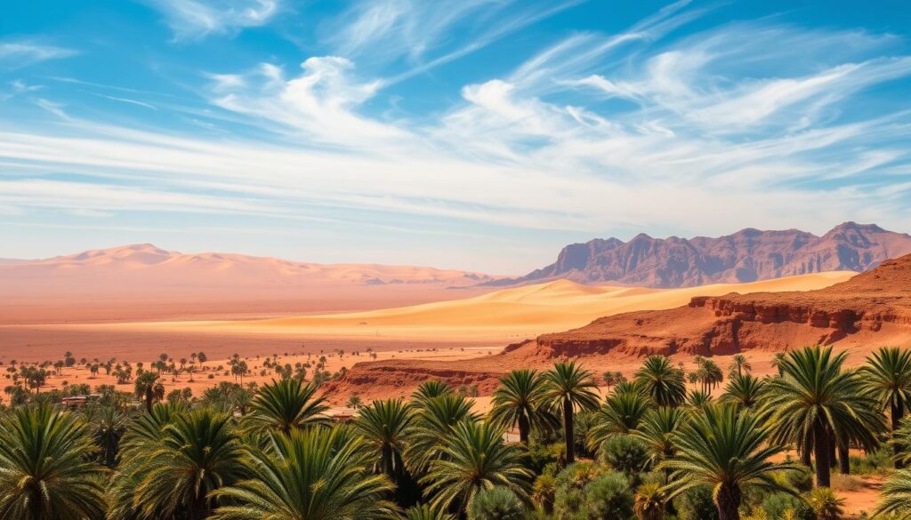 a detailed landscape depicting Morocco's diverse climate zones, showcased in a breathtaking panoramic view. In the foreground, a vibrant oasis with swaying palm trees and lush greenery contrasts with the rugged, sun-baked Atlas Mountains in the middle ground. Farther back, the vast Sahara Desert stretches out, its undulating dunes bathed in a warm, golden glow. The sky is a brilliant azure, with wispy cirrus clouds drifting overhead. The scene is captured through the lens of a high-quality camera, conveying a sense of realism and grandeur. MyVisitMorocco a detailed landscape depicting Morocco's diverse climate zones, showcased in a breathtaking panoramic view. In the foreground, a vibrant oasis with swaying palm trees and lush greenery contrasts with the rugged, sun-baked Atlas Mountains in the middle ground. Farther back, the vast Sahara Desert stretches out, its undulating dunes bathed in a warm, golden glow. The sky is a brilliant azure, with wispy cirrus clouds drifting overhead. The scene is captured through the lens of a high-quality camera, conveying a sense of realism and grandeur. MyVisitMorocco