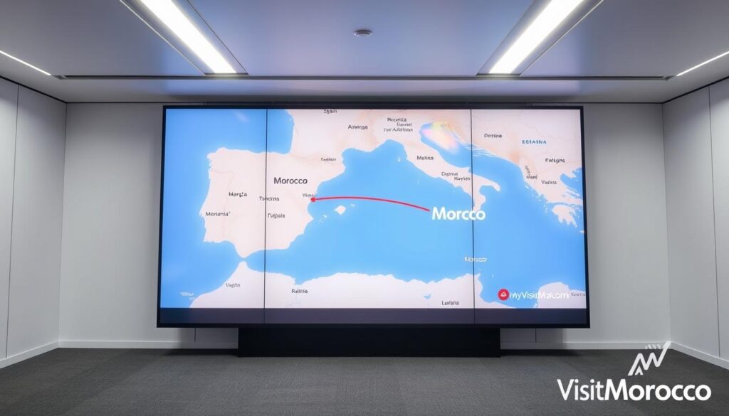 a detailed map of the distance between Spain and Morocco, viewed from a high altitude with a wide, panoramic lens. The map is displayed on a large, high-resolution screen, showcasing the precise kilometers and miles between the two countries. The screen is placed in a modern, minimalist setting with clean lines and neutral colors. The lighting is bright and evenly distributed, creating a professional, informative atmosphere. In the bottom right corner, the logo "MyVisitMorocco" is prominently displayed, adding a touch of branding to the image.