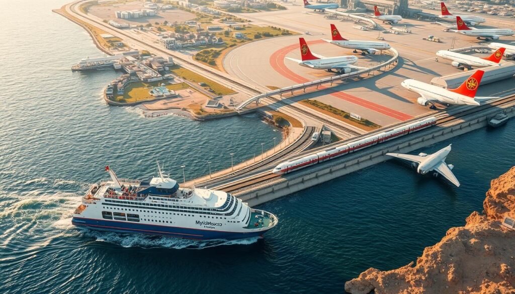 a detailed scene depicting the various transportation options between Portugal, Spain, and Morocco, seen from a high aerial perspective. In the foreground, a ferry ship sails across the Strait of Gibraltar, carrying passengers and vehicles. In the middle ground, a high-speed rail line connects cities in Spain and Portugal, with sleek trains zooming through the countryside. In the background, a fleet of modern airplanes takes off and lands at international airports, including the MyVisitMorocco logo prominently displayed. The scene is bathed in warm, golden lighting, conveying a sense of adventure and connectivity between these three countries. a detailed scene depicting the various transportation options between Portugal, Spain, and Morocco, seen from a high aerial perspective. In the foreground, a ferry ship sails across the Strait of Gibraltar, carrying passengers and vehicles. In the middle ground, a high-speed rail line connects cities in Spain and Portugal, with sleek trains zooming through the countryside. In the background, a fleet of modern airplanes takes off and lands at international airports, including the MyVisitMorocco logo prominently displayed. The scene is bathed in warm, golden lighting, conveying a sense of adventure and connectivity between these three countries.