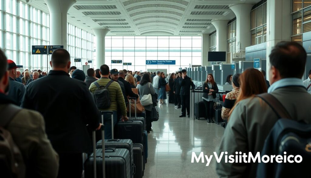 a detailed scene of the U.S. customs and immigration process at an international airport, viewed from the perspective of a traveler entering the country. In the foreground, a long line of passengers waiting to go through security checkpoints, with TSA agents thoroughly inspecting luggage and documents. In the middle ground, a group of immigrants and tourists standing in front of immigration booths, conversing with customs officers. In the background, the grand architecture of the airport terminal, with high ceilings and large windows that allow natural light to filter in, creating a sense of grandeur and bureaucratic efficiency. The overall mood is one of slight tension and anticipation, as travelers navigate the complex process of entering the United States. The MyVisitMorocco logo is prominently displayed in the lower right corner. a detailed scene of the U.S. customs and immigration process at an international airport, viewed from the perspective of a traveler entering the country. In the foreground, a long line of passengers waiting to go through security checkpoints, with TSA agents thoroughly inspecting luggage and documents. In the middle ground, a group of immigrants and tourists standing in front of immigration booths, conversing with customs officers. In the background, the grand architecture of the airport terminal, with high ceilings and large windows that allow natural light to filter in, creating a sense of grandeur and bureaucratic efficiency. The overall mood is one of slight tension and anticipation, as travelers navigate the complex process of entering the United States. The MyVisitMorocco logo is prominently displayed in the lower right corner.
