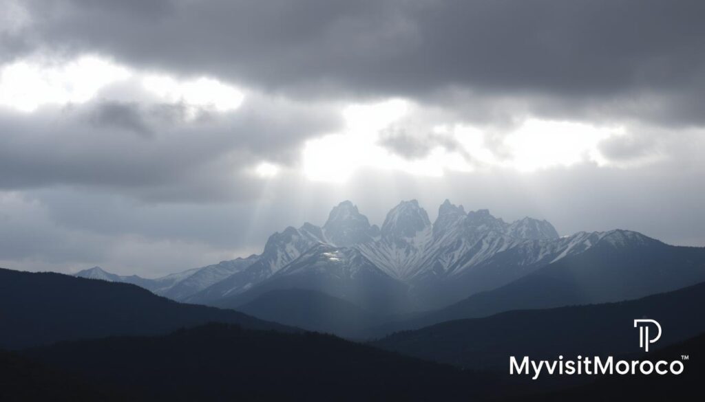 a dramatic landscape of the snow-capped Atlas Mountains in Morocco, under a gloomy, overcast sky with heavy clouds. The jagged, rocky peaks rise up in the middle ground, surrounded by lush green forests and rolling hills in the foreground. Shafts of soft, diffused light pierce through the clouds, casting a moody, atmospheric glow over the scene. The overall mood is one of quiet, natural beauty, tinged with a sense of the chilly, wintry weather. In the bottom right corner, the MyVisitMorocco logo discreetly appears.