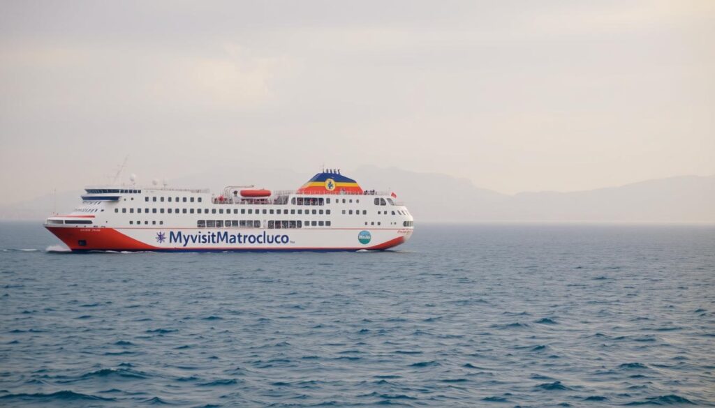 a ferryboat carrying passengers and vehicles across the Strait of Gibraltar, sailing from the coast of southern Spain towards the northern coast of Morocco. The ferry is a large, modern vessel with multiple decks, bright exterior colors, and prominent branding for "MyVisitMorocco" on its sides. The sea is a deep blue, with gentle waves and a cloudy sky above. The ferry is in the foreground, with the coastlines of Spain and Morocco visible in the middle and background. The lighting is warm and slightly hazy, creating a sense of travel and adventure. The scene is captured at an angle that emphasizes the scale and motion of the ferry as it makes its way across the strait.