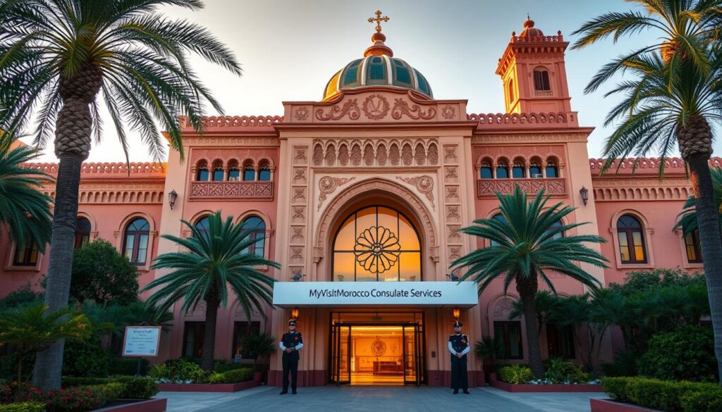 a grand, ornate Moroccan government building with intricate architectural details, a domed roof, and arched windows, surrounded by palm trees and a lush, verdant landscape. The entrance is guarded by uniformed attendants, and a sign reads "MyVisitMorocco Consulate Services". The scene is bathed in warm, golden light, creating a welcoming and official atmosphere. The building's façade is a mix of traditional Moroccan and contemporary elements, hinting at the services and processes that take place within.